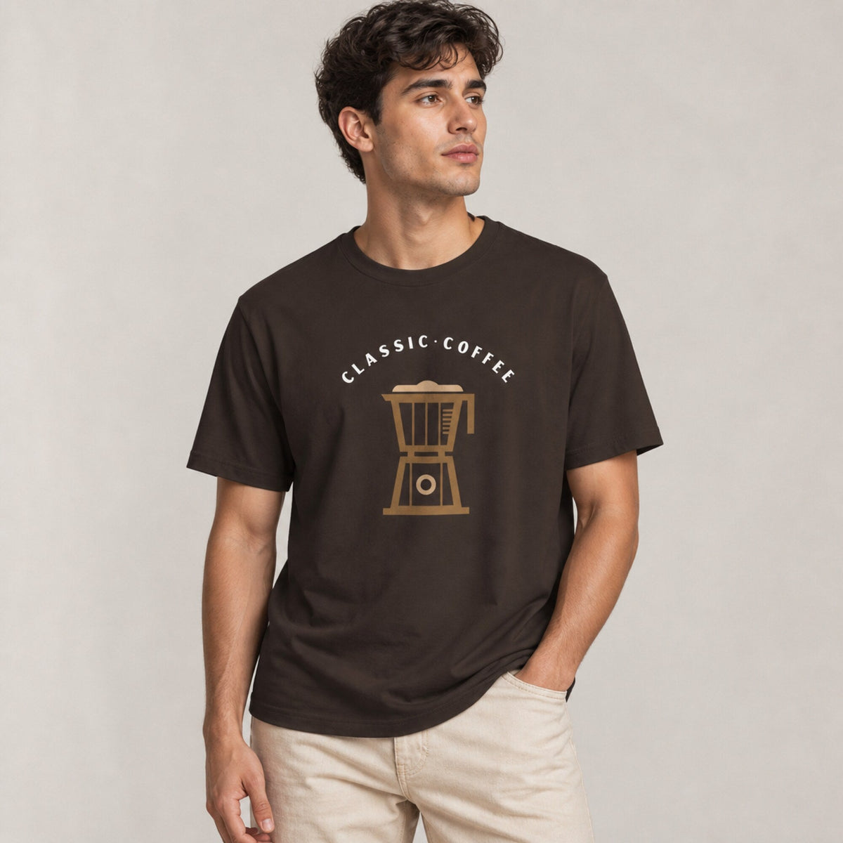 Classic Coffee Print Unisex T-Shirt — worn on model, front