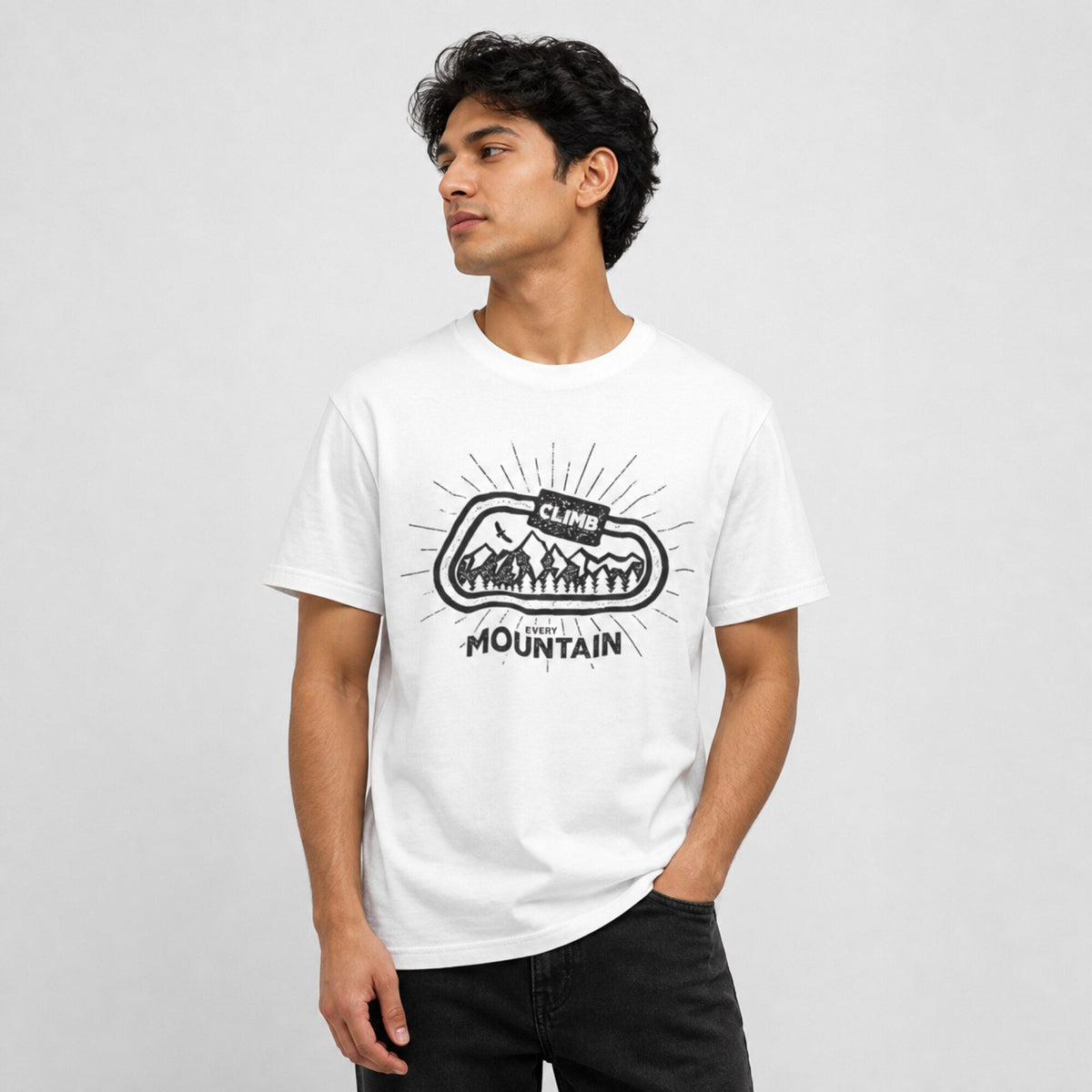 Climb Mountain Unisex T-Shirt — worn on model, front