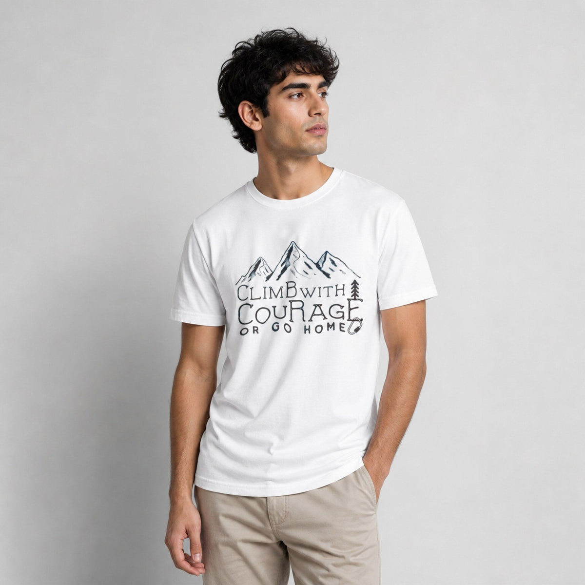 Climb With Courage Unisex T-Shirt — worn on model, front