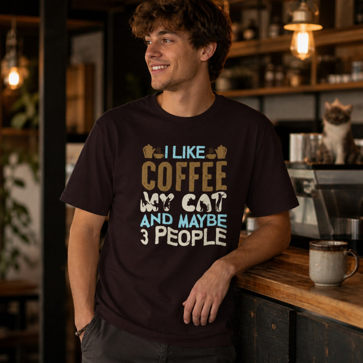 Coffee, Cats, and Introverts T-Shirt — worn on model, front