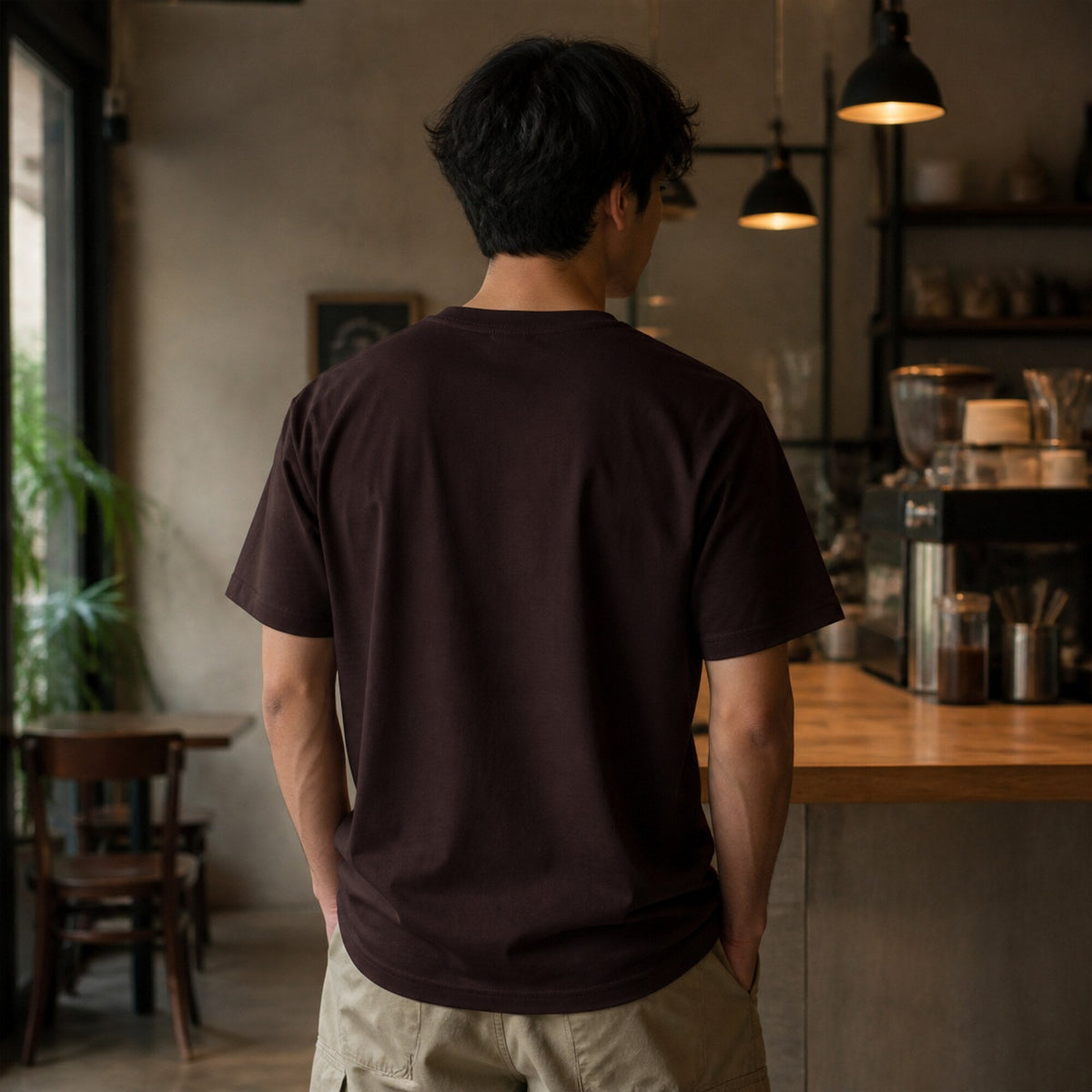 Coffee, Cats, and Introverts T-Shirt — worn on model, back