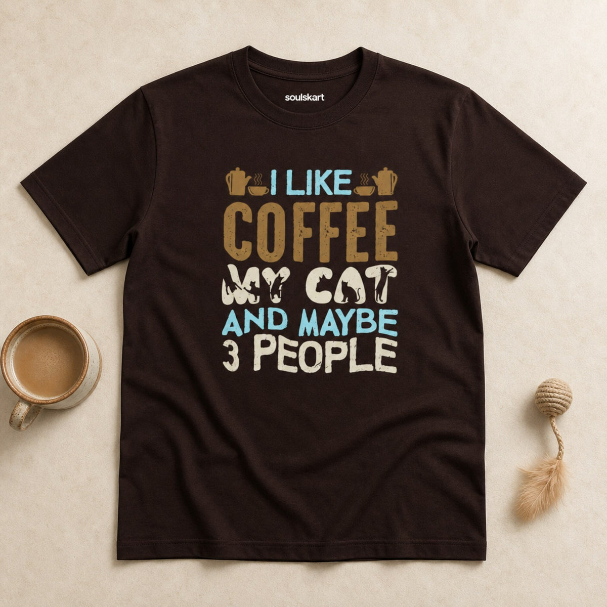 Coffee, Cats, and Introverts T-Shirt — on hanger