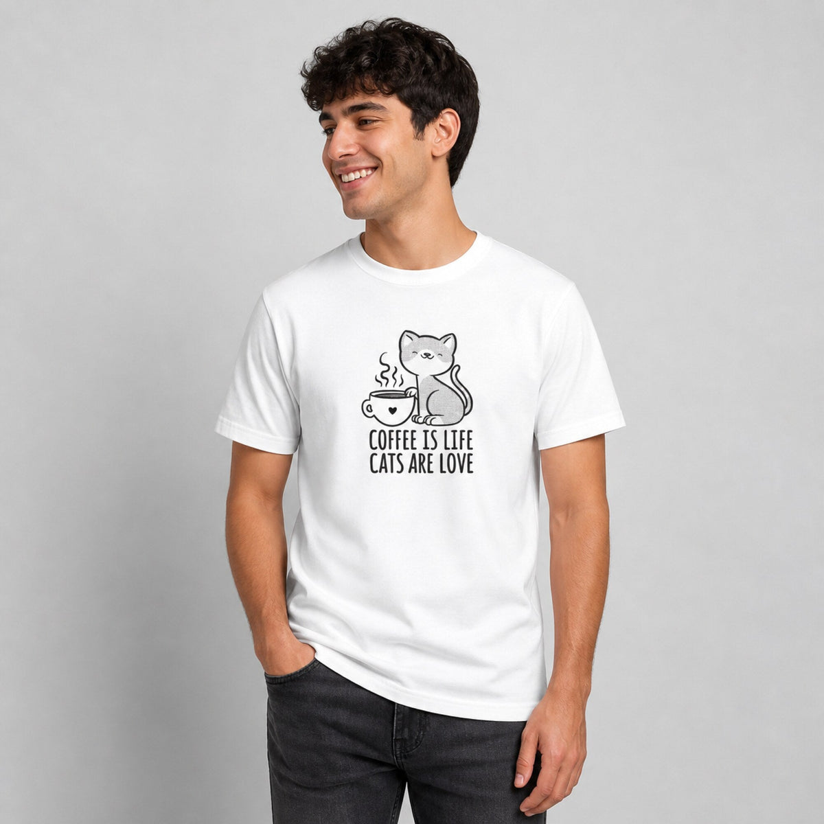 Coffee & Cats Unisex Tee — worn on model, front