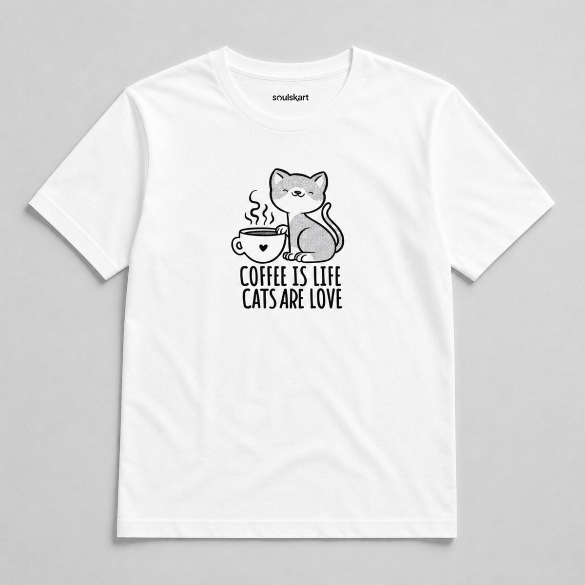 Coffee & Cats Unisex Tee — on hanger