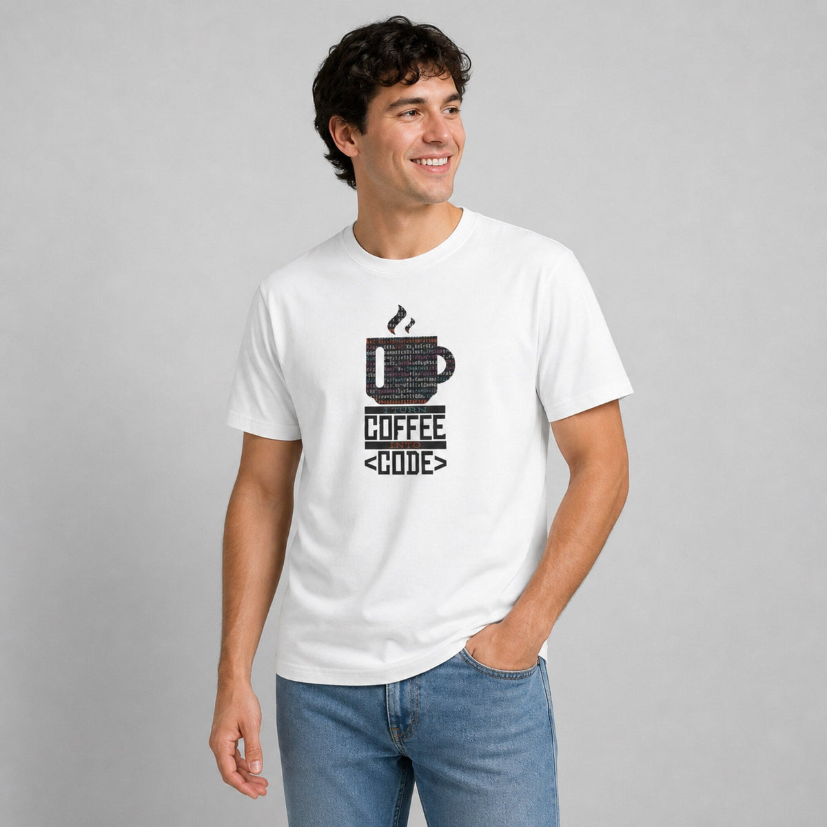 Coffee & Code Unisex Tee — worn on model, front