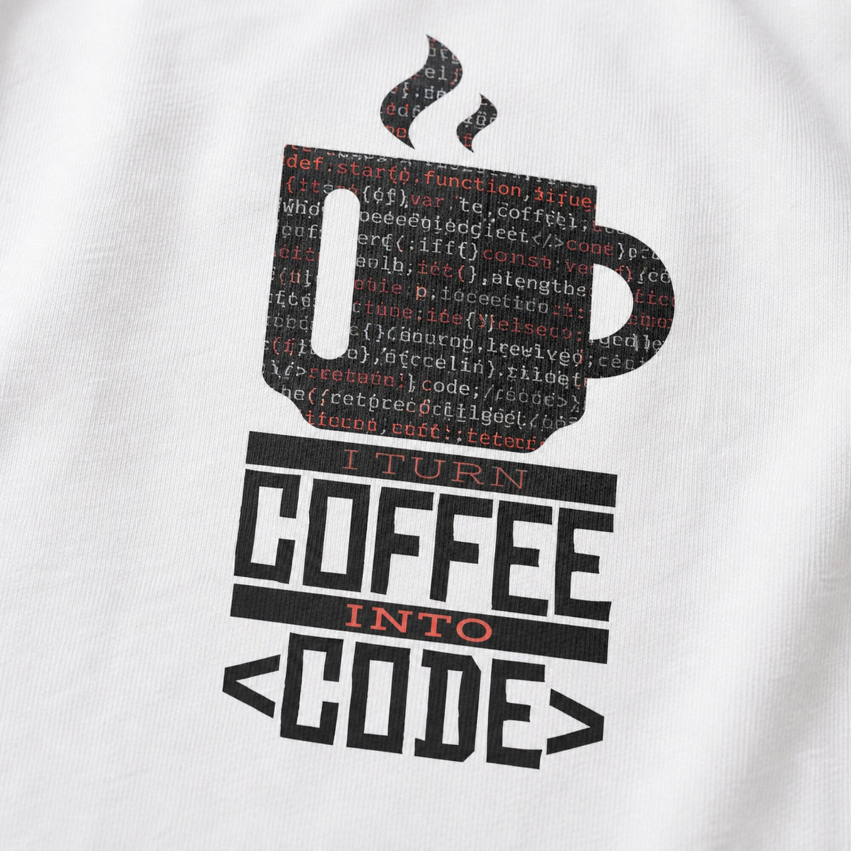 Coffee & Code Unisex Tee — print detail close-up