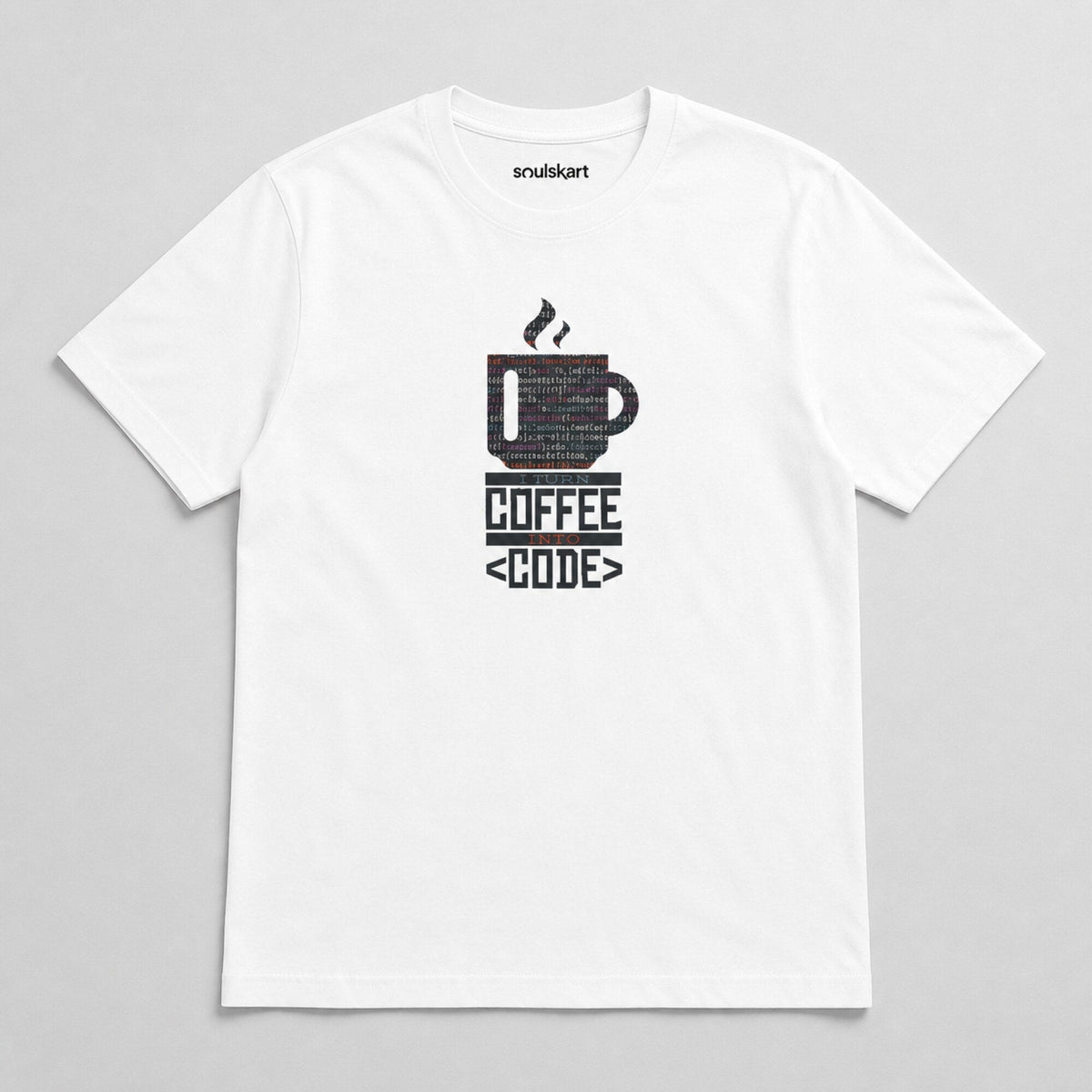 Coffee & Code Unisex Tee — on hanger