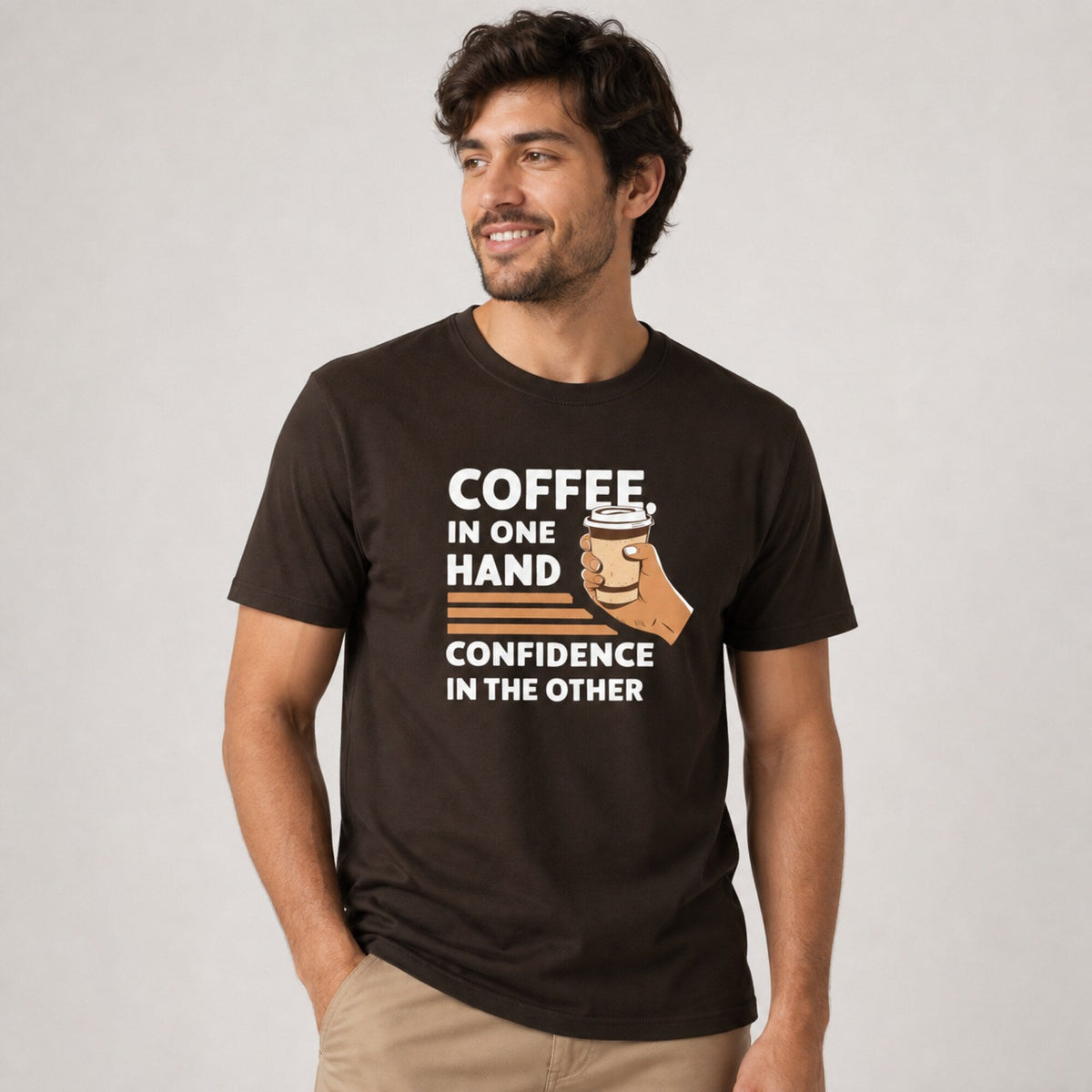 Coffee in One Hand, Confidence in the Other T-Shirt — worn on model, front