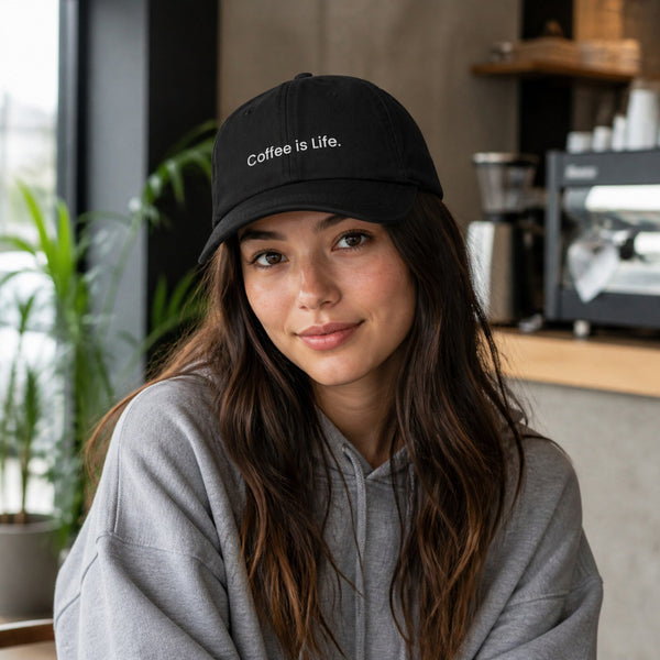Coffee is Life Embroidered Cap — worn on model, front