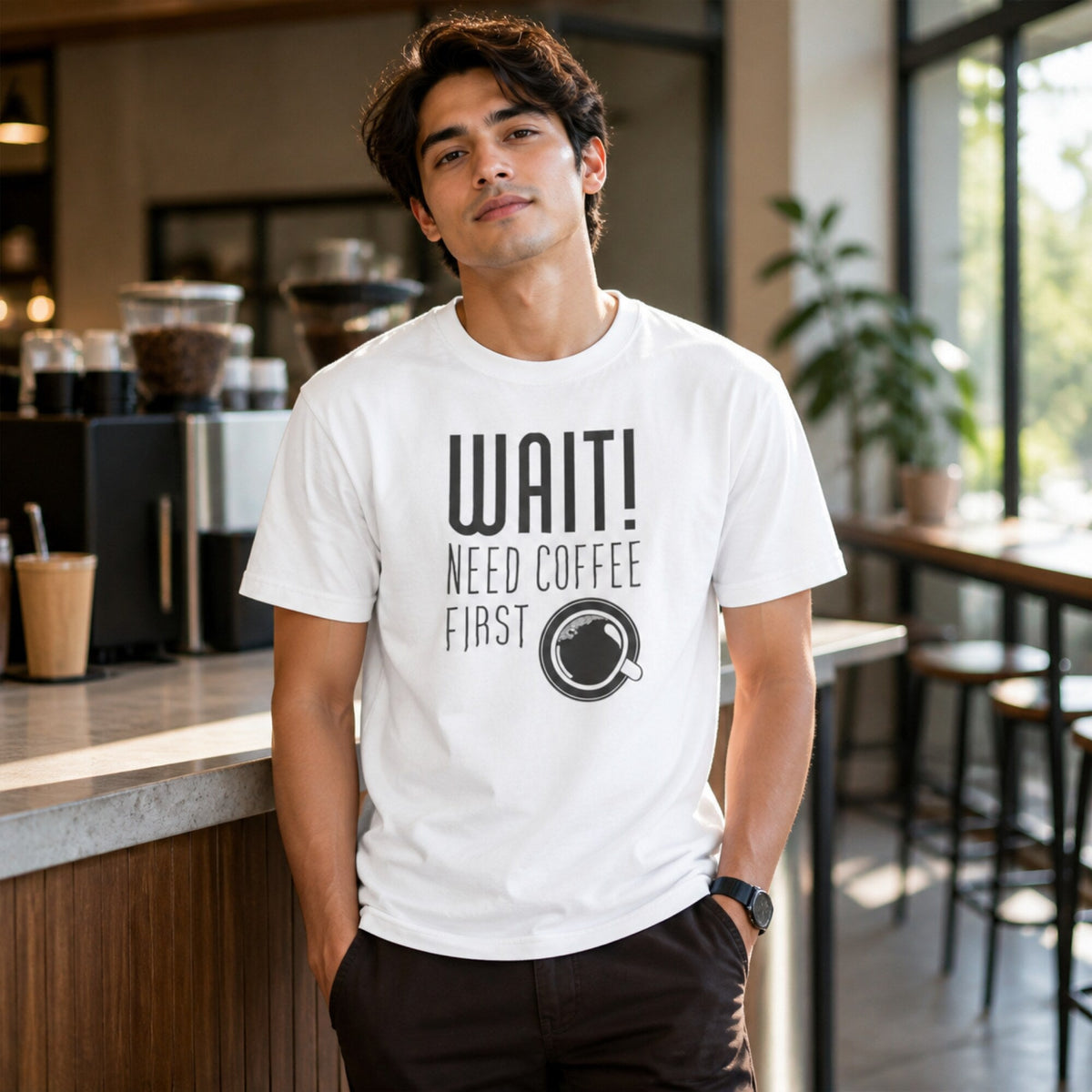 'Wait! Need Coffee First' Coffee Lover Tee — worn on model, front