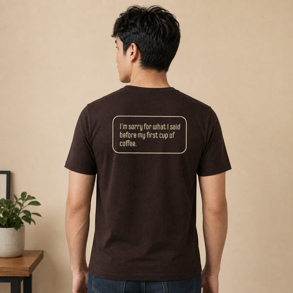 Coffee Lover's Apology Tee — back print, worn on model