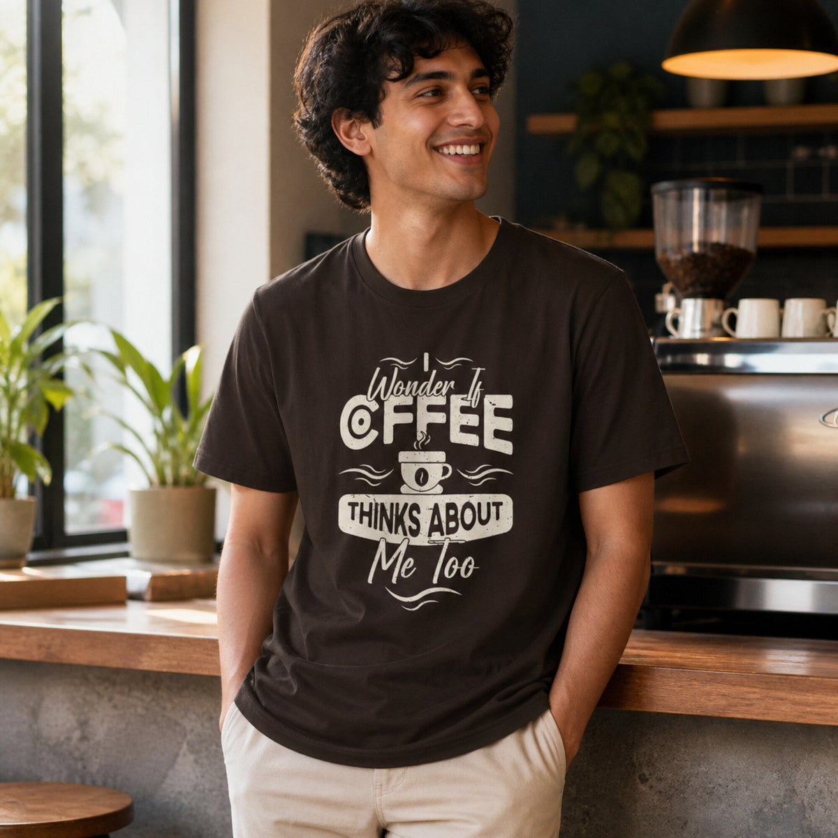 'I Wonder if Coffee Thinks About Me Too' T-Shirt — worn on model, front