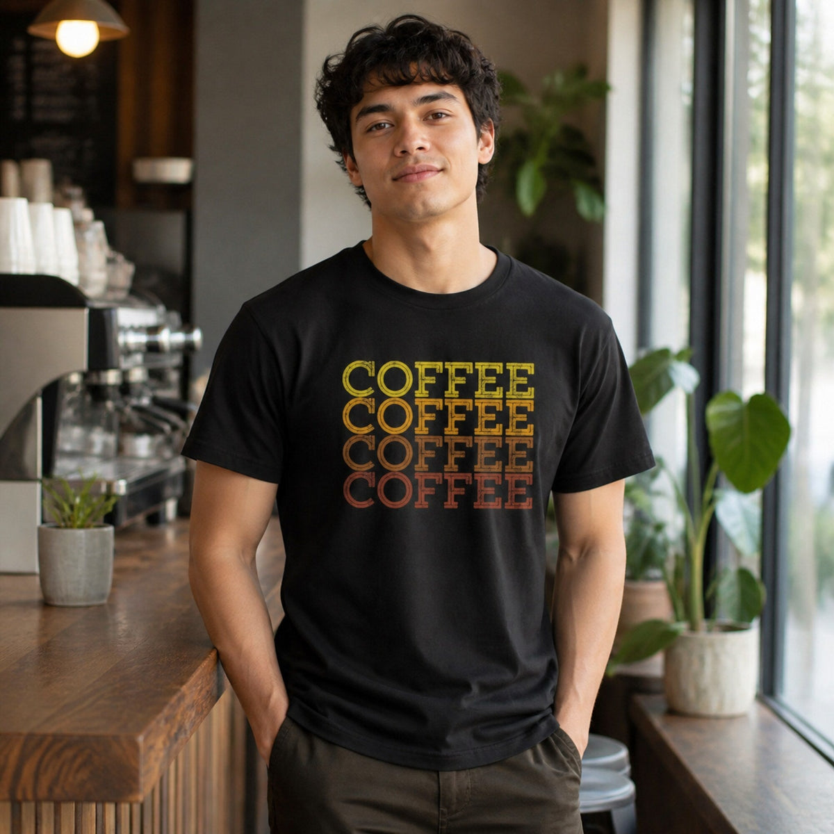 Coffee Coffee Coffee Coffee Print Tee — worn on model, front