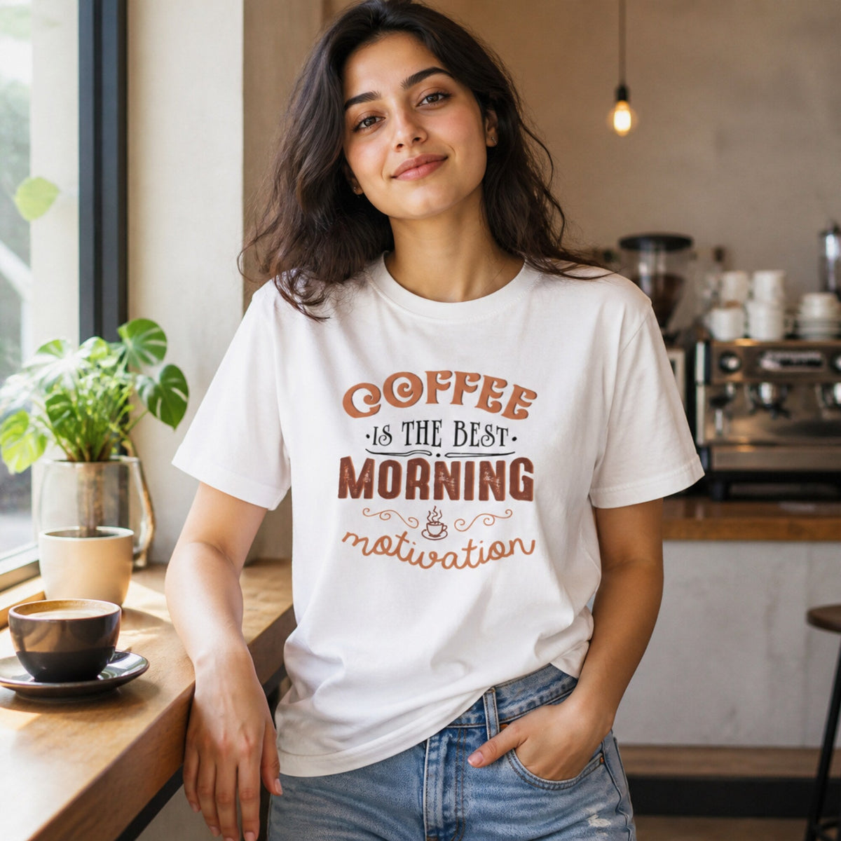 Coffee Motivation T-Shirt — worn on model, front