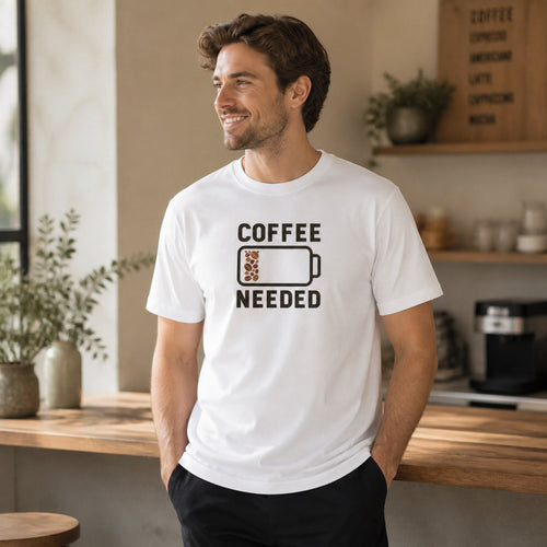 Coffee Needed Unisex Tee — worn on model, front