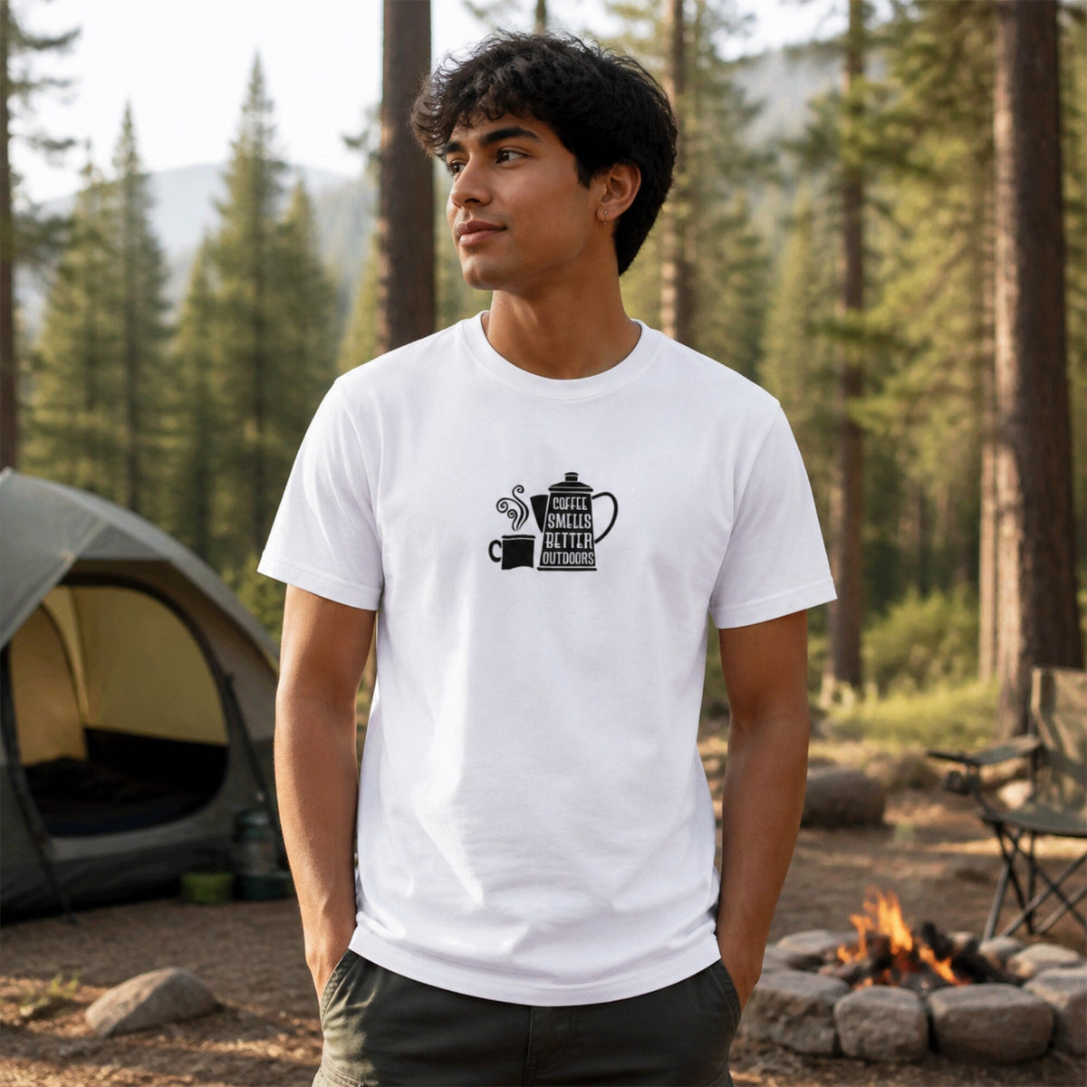 Coffee Smells Better Outdoors T-Shirt — worn on model, front