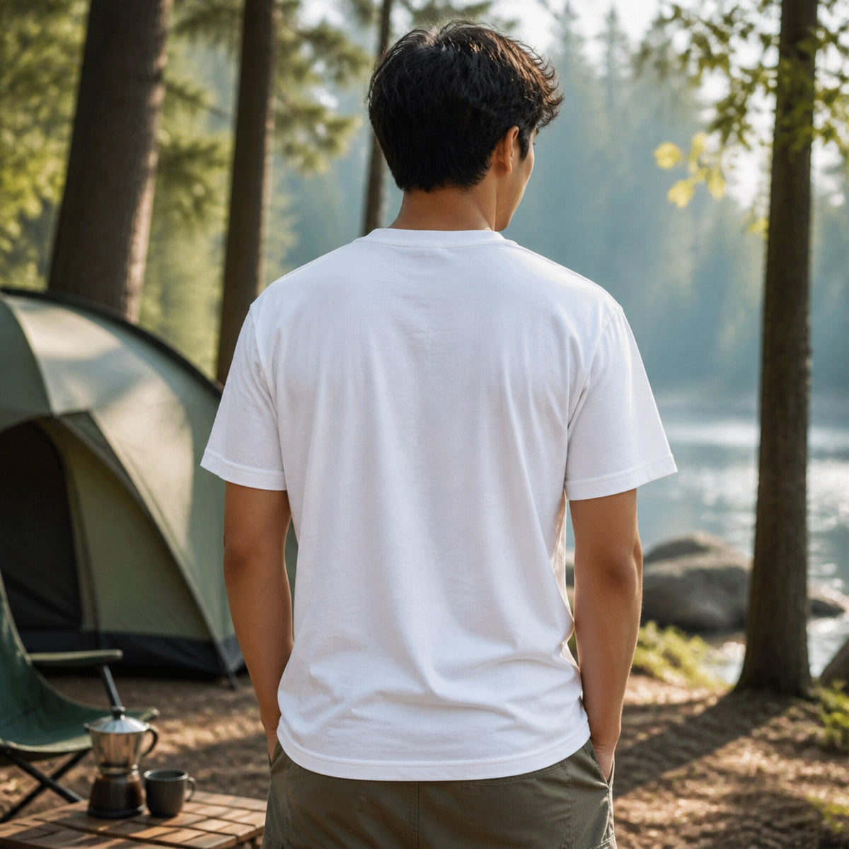 Coffee Smells Better Outdoors T-Shirt — worn on model, back