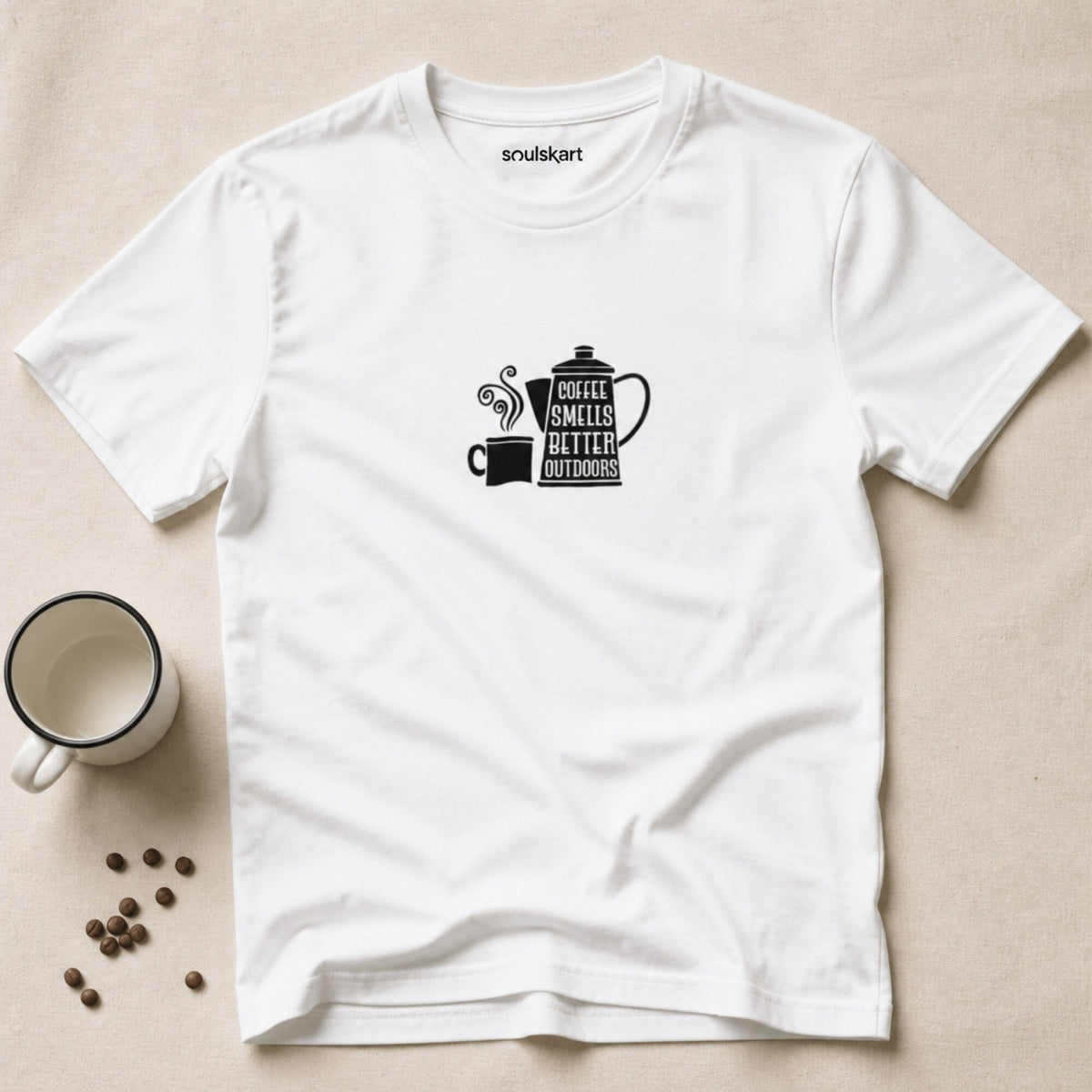 Coffee Smells Better Outdoors T-Shirt — on hanger