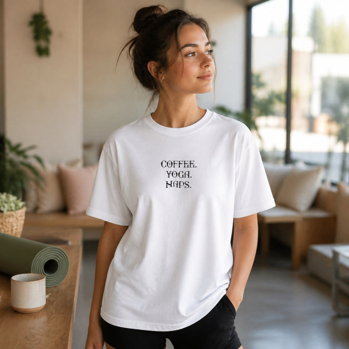 Coffee Yoga Naps T-Shirt — worn on model, front