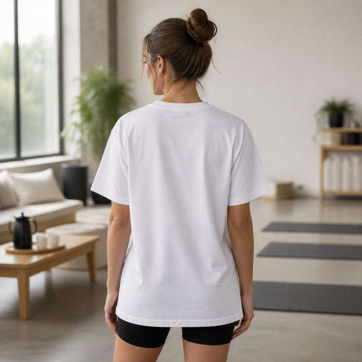Coffee Yoga Naps T-Shirt — worn on model, back