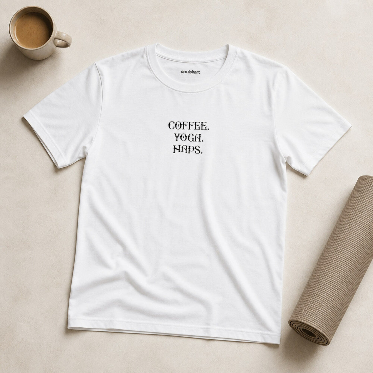 Coffee Yoga Naps T-Shirt — on hanger