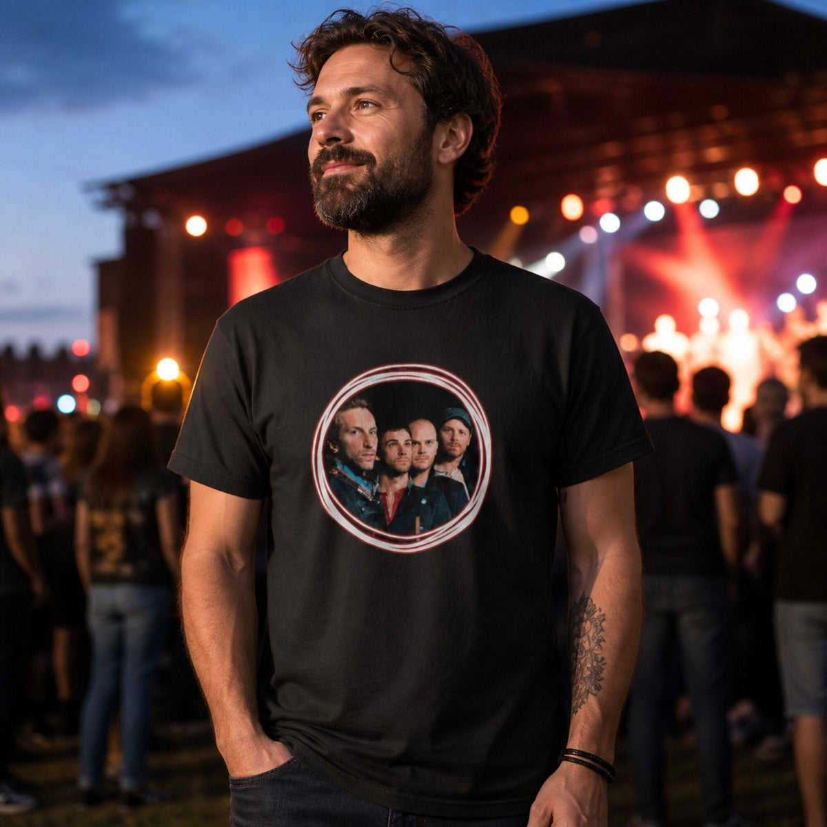 Cold Play Unisex T-Shirt — worn on model, front