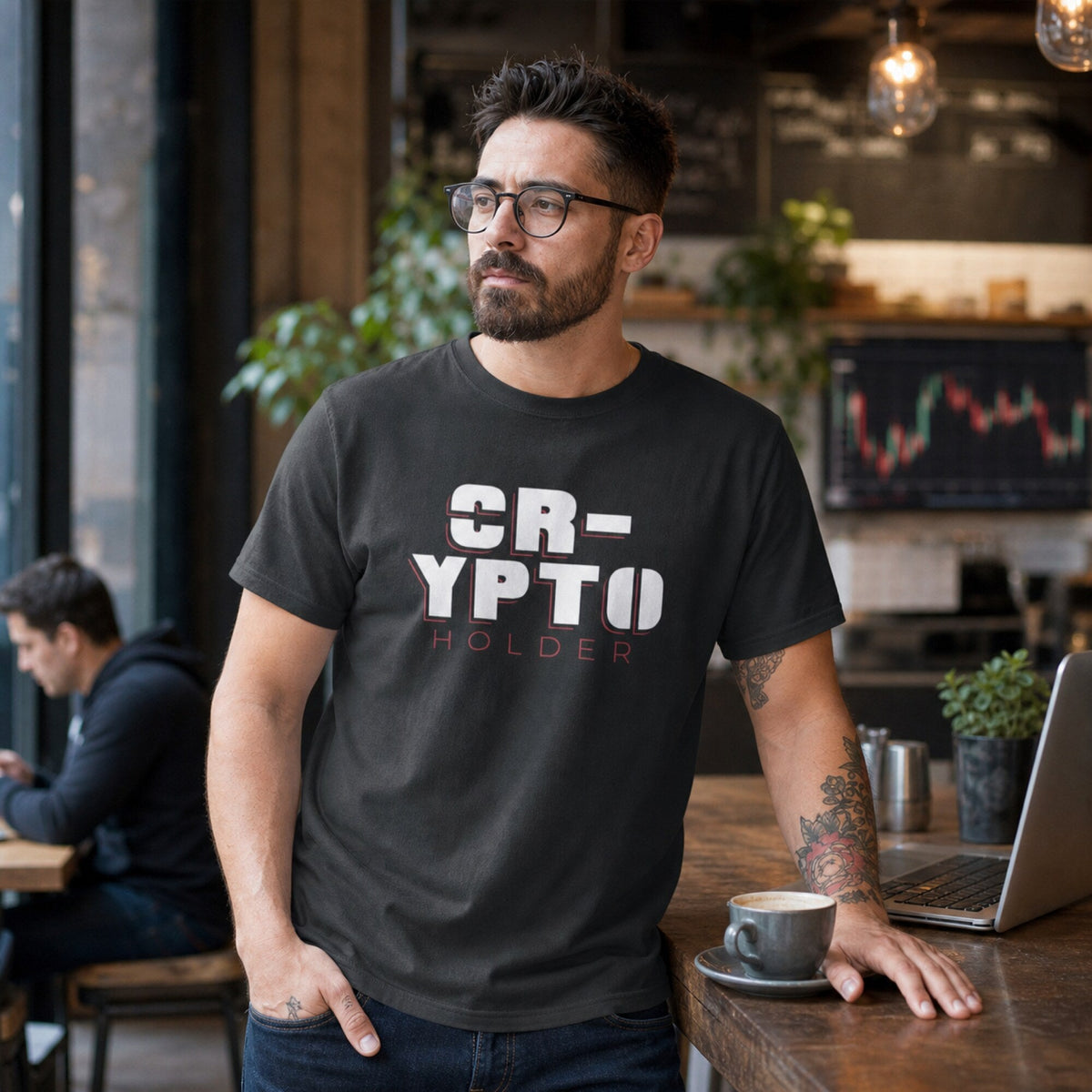 Crypto Holder Unisex T-Shirt — worn on model, front