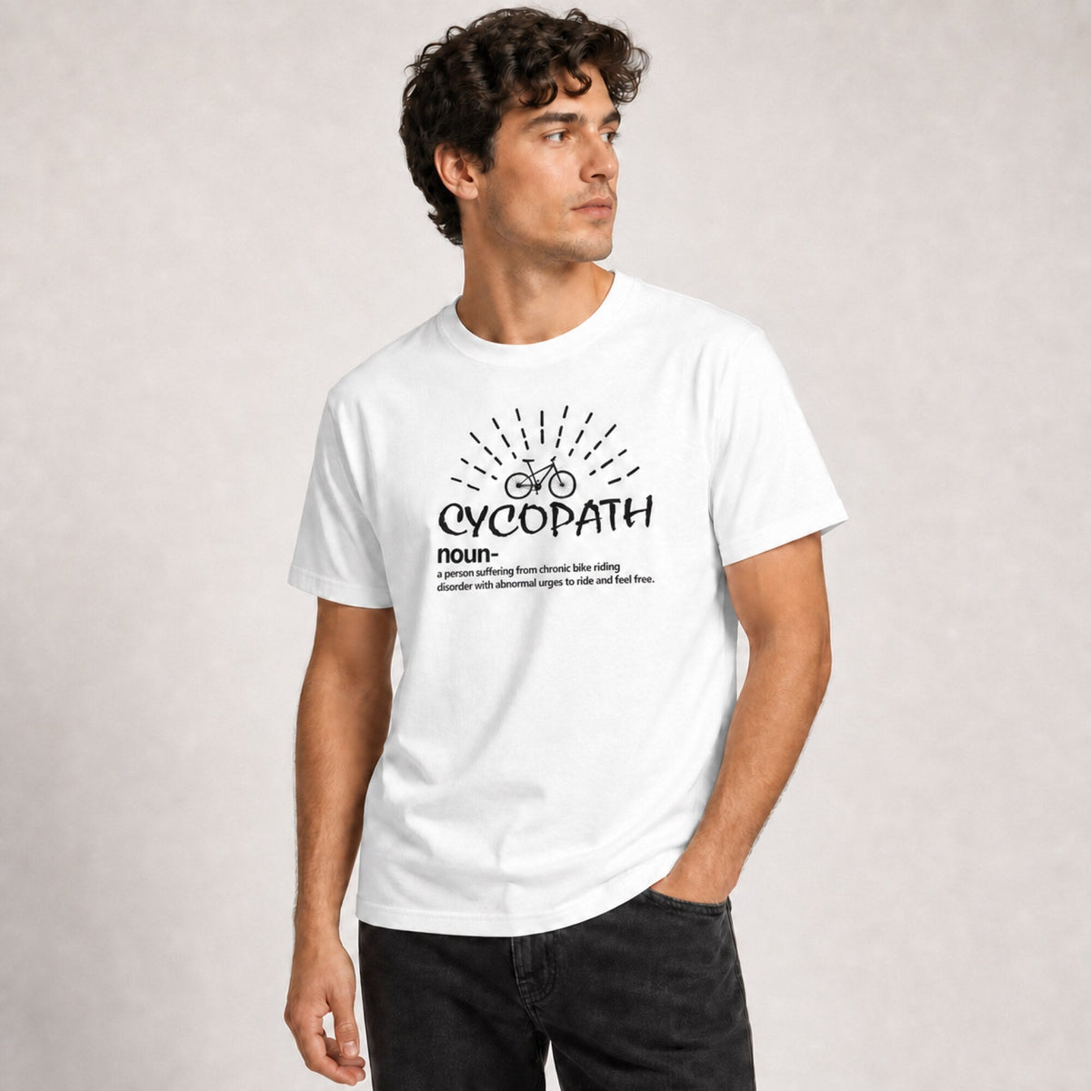 Cycopath Unisex T-Shirt — worn on model, front