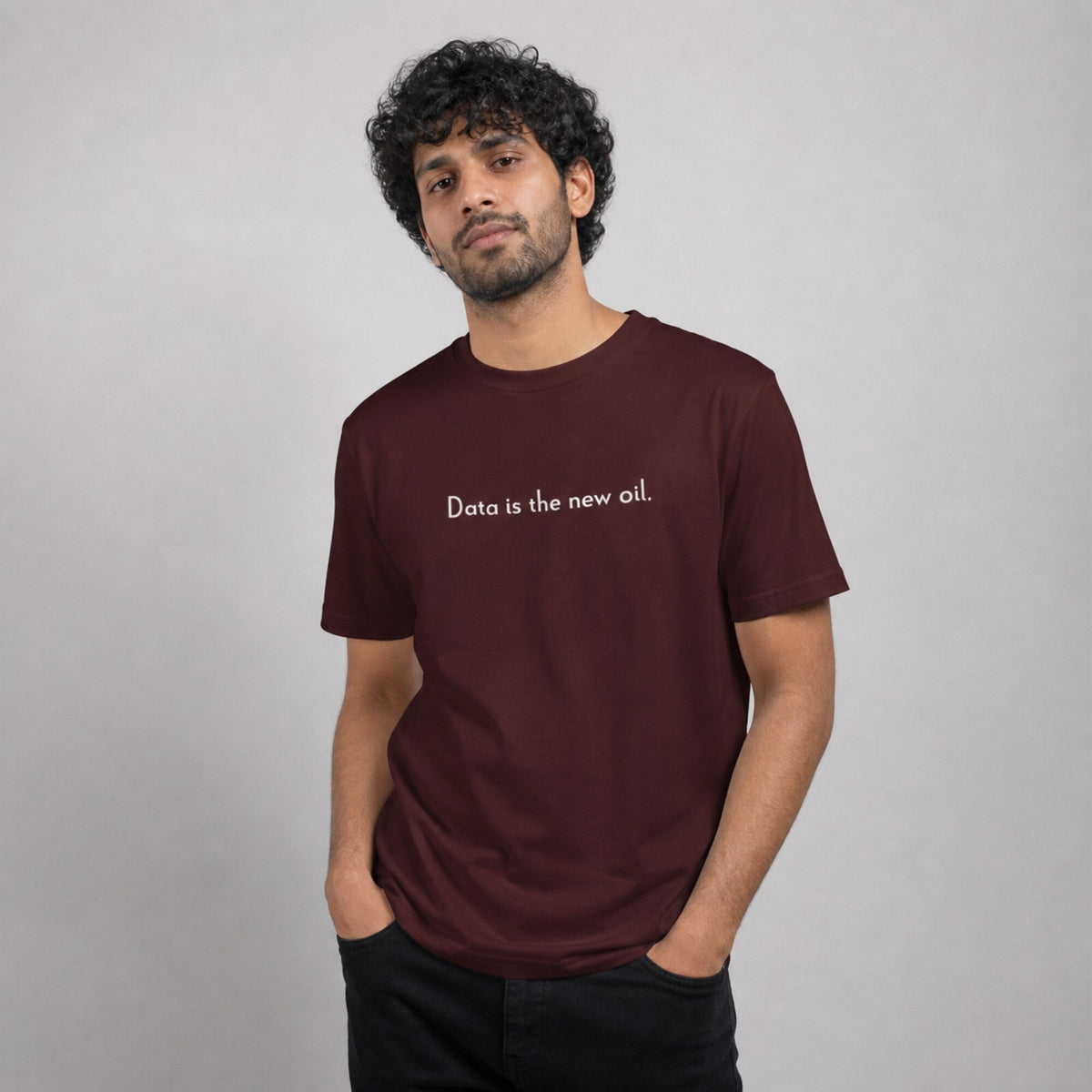 'Data is the New Oil' Data Scientist Tee — worn on model, front