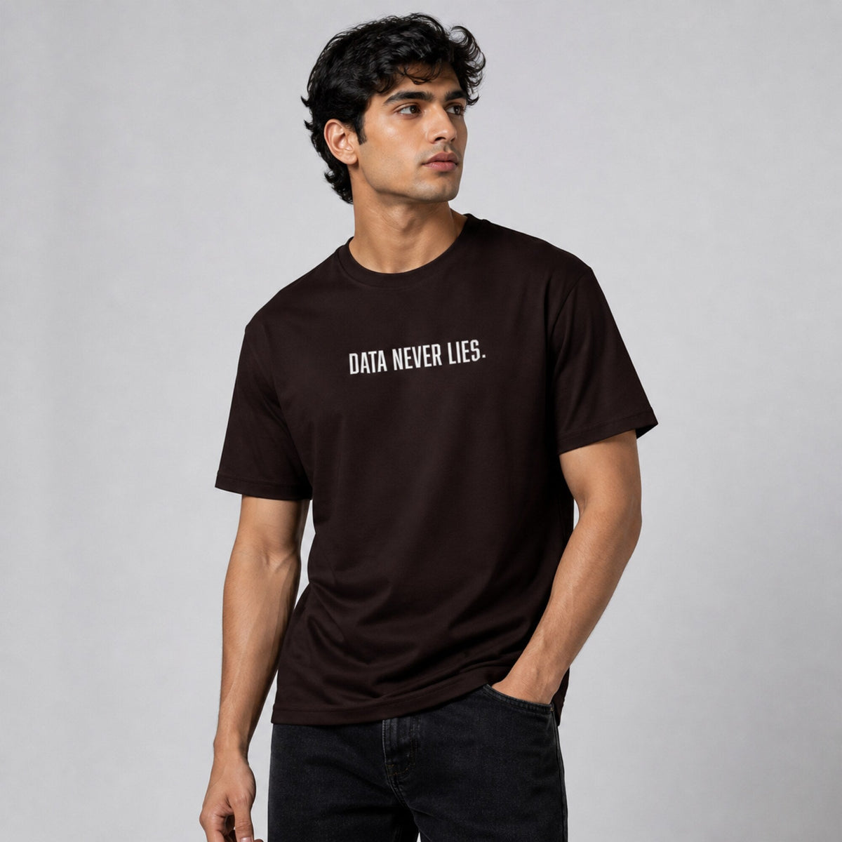 'Data Never Lies' Data Scientist Tee — worn on model, front