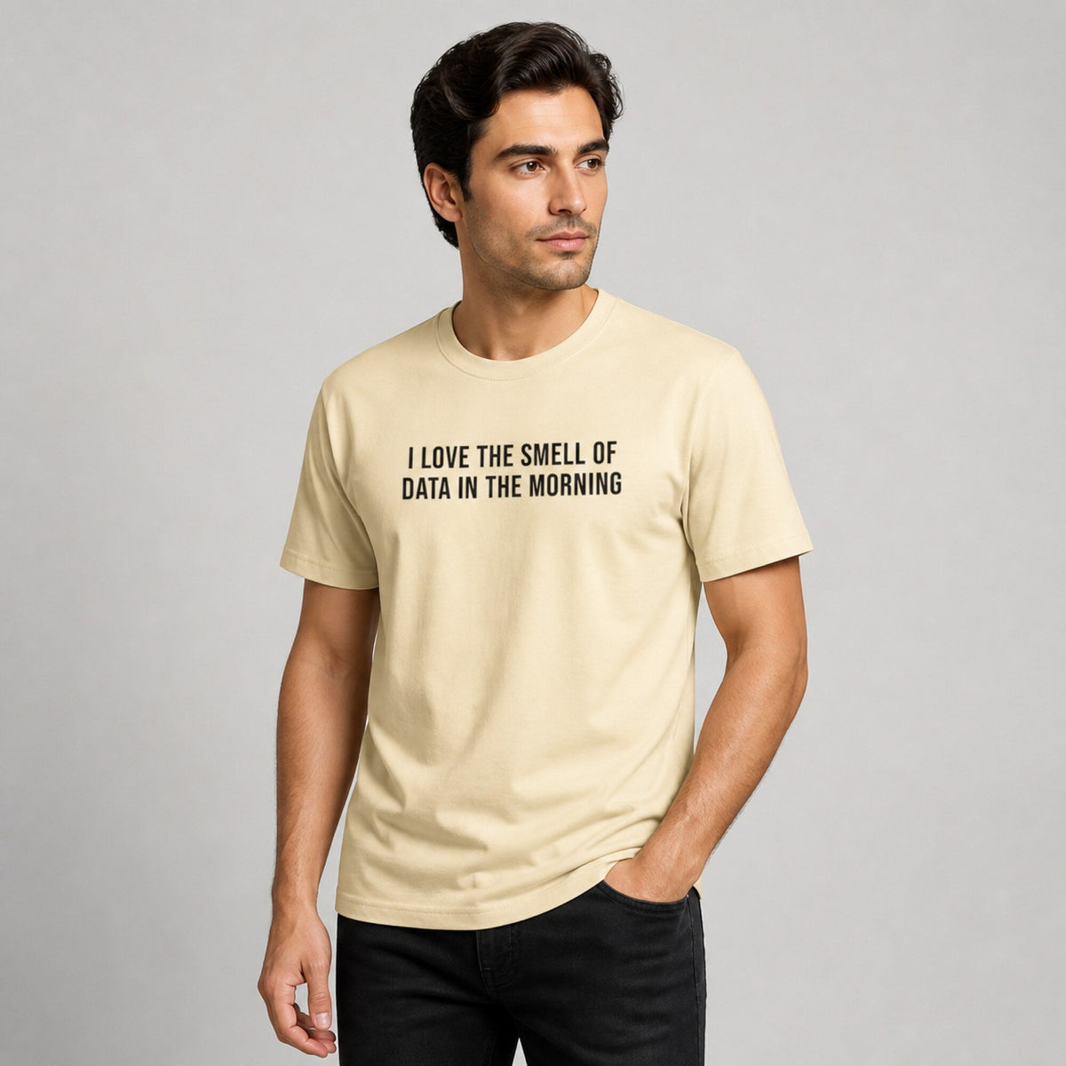 'I Love the Smell of Data in the Morning' Tee — worn on model, front