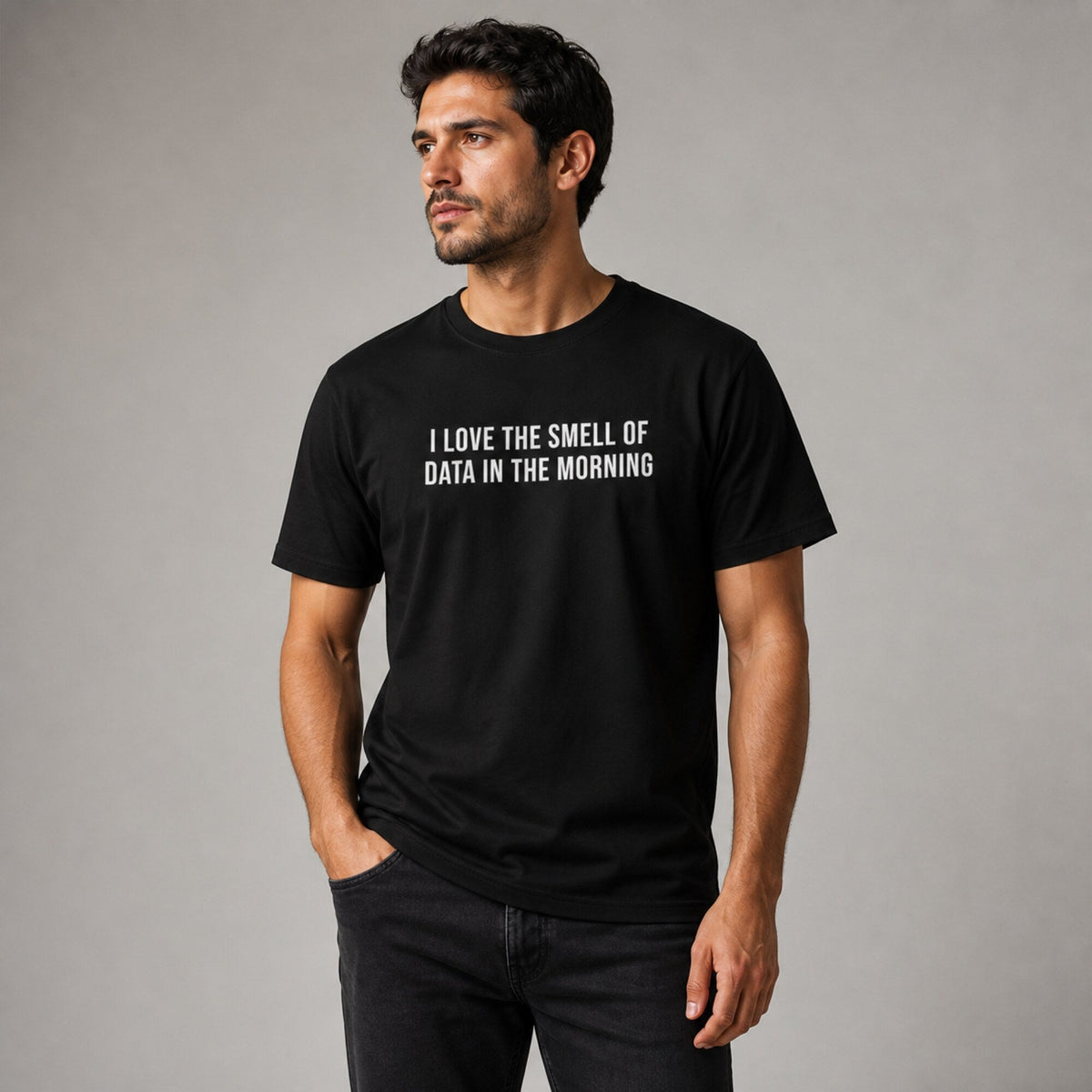 'I Love the Smell of Data in the Morning' Unisex Tee — worn on model, front