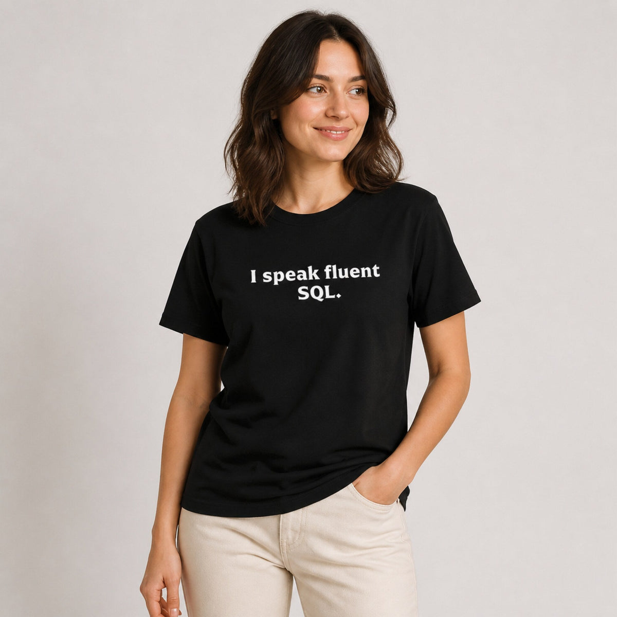 'I Speak Fluent SQL' Data Scientist Tee — worn on model, front