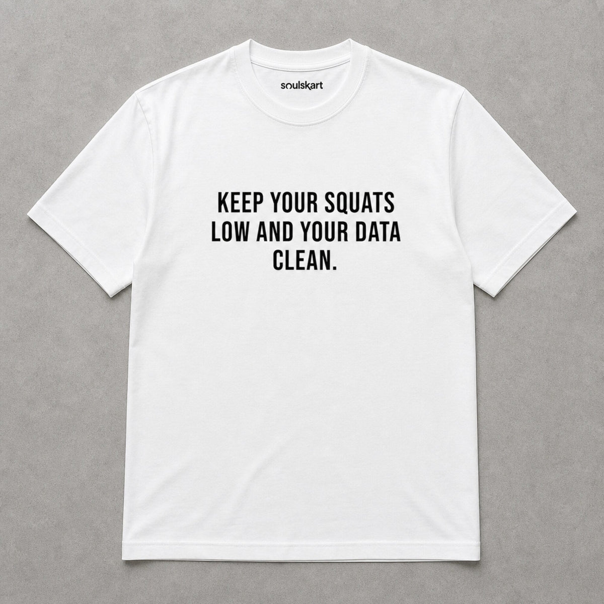 'Keep Your Squats Low and Your Data Clean' Tee — on hanger