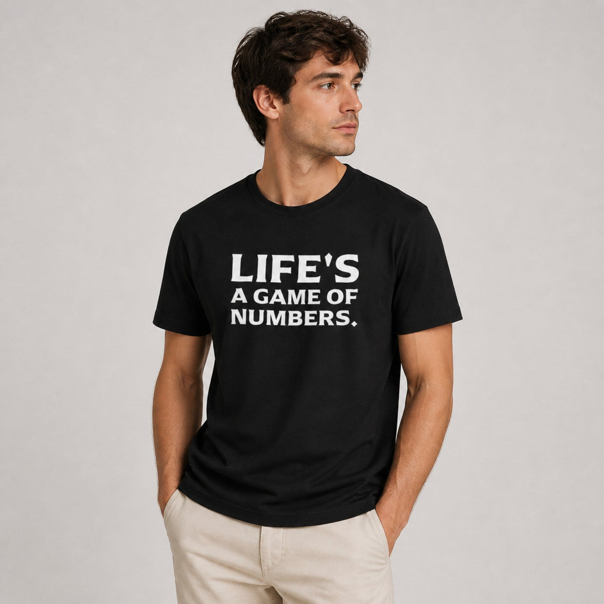 'Life's a Game of Numbers' Data Scientist Tee — worn on model, front