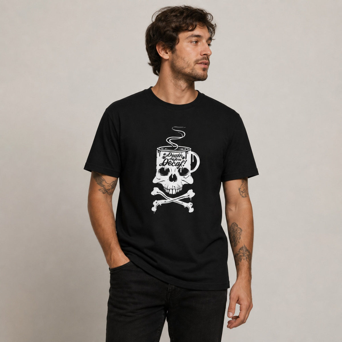 Death Before Decaf T-Shirt — worn on model, front