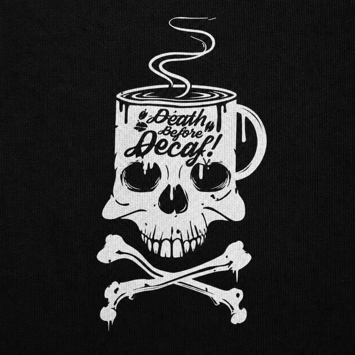 Death Before Decaf T-Shirt — print detail close-up