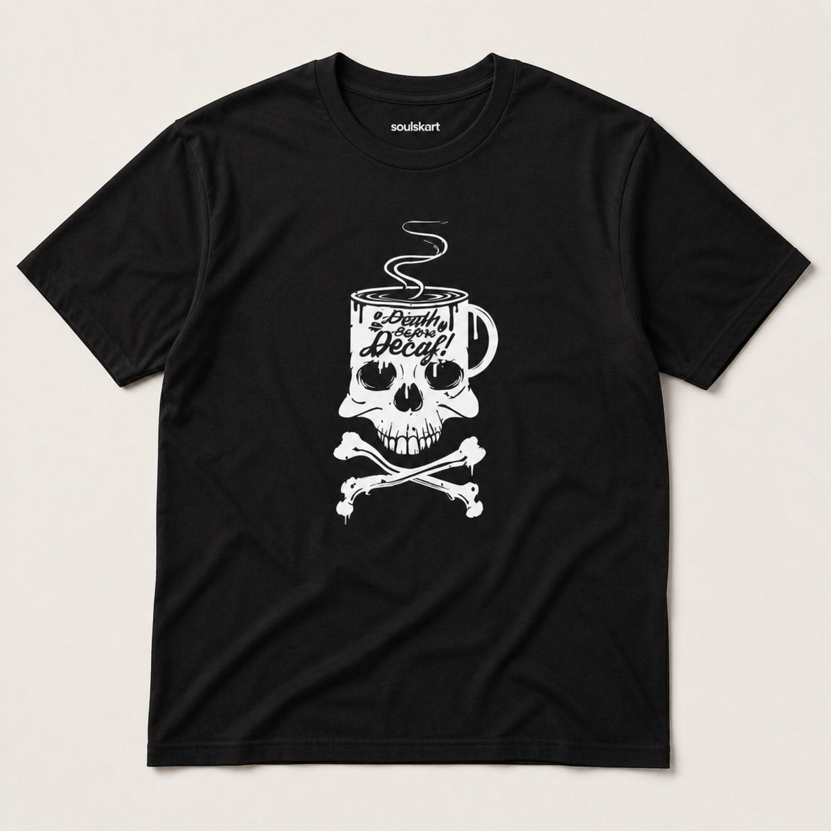 Death Before Decaf T-Shirt — on hanger