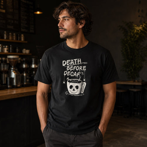 Death Before Decaf Unisex T-Shirt — worn on model, front