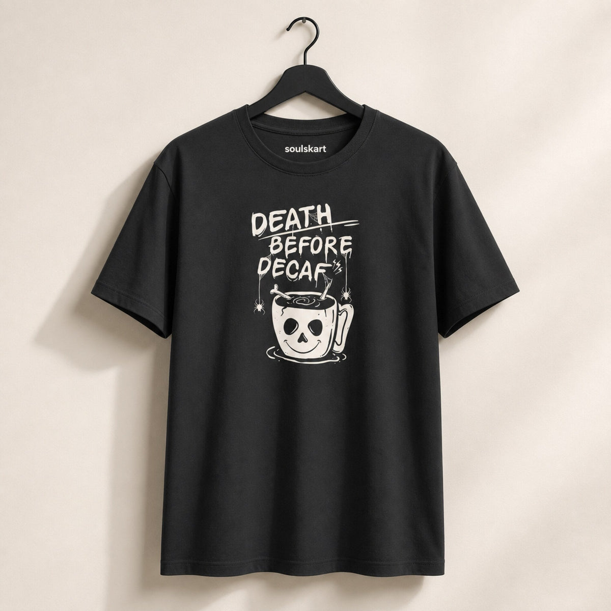 Death Before Decaf Unisex T-Shirt — on hanger