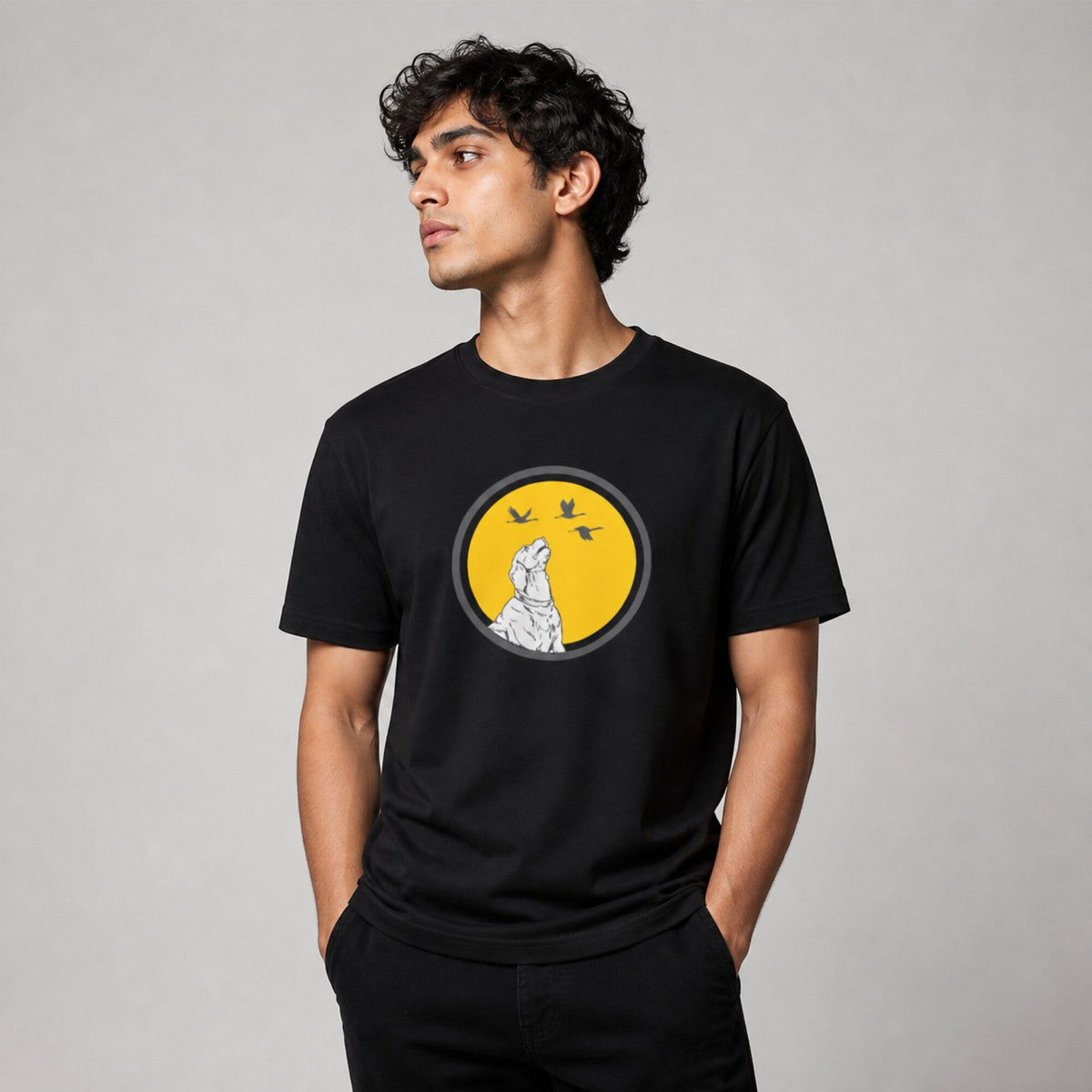Dog and Birds — worn on model, front