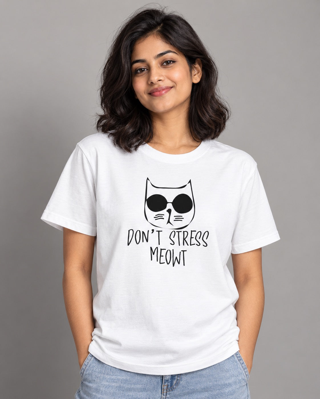 Don't Stress Meowt white cat graphic tee on female model, front