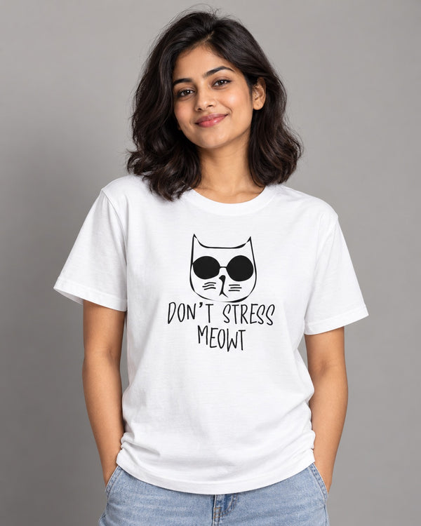 Don't Stress Meowt white cat graphic tee on female model, front