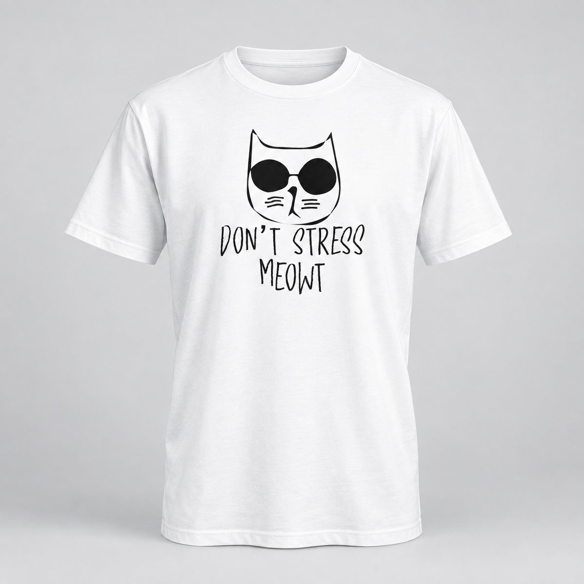 Don't Stress Meowt white tee, ghost mannequin front