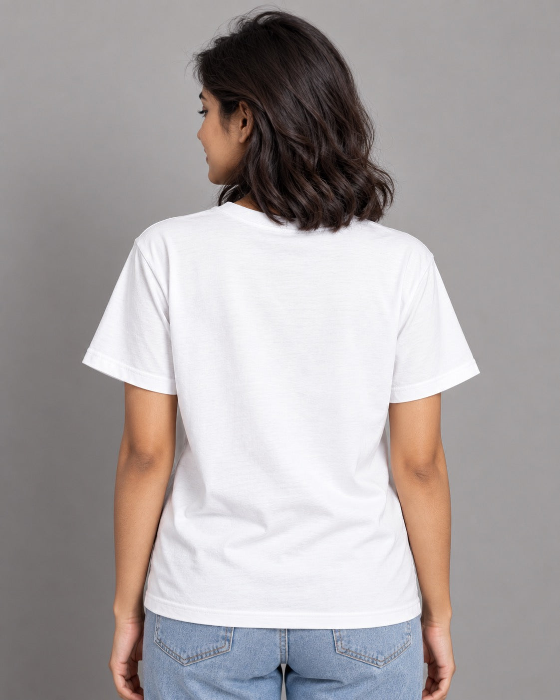 Don't Stress Meowt white tee on female model, plain back