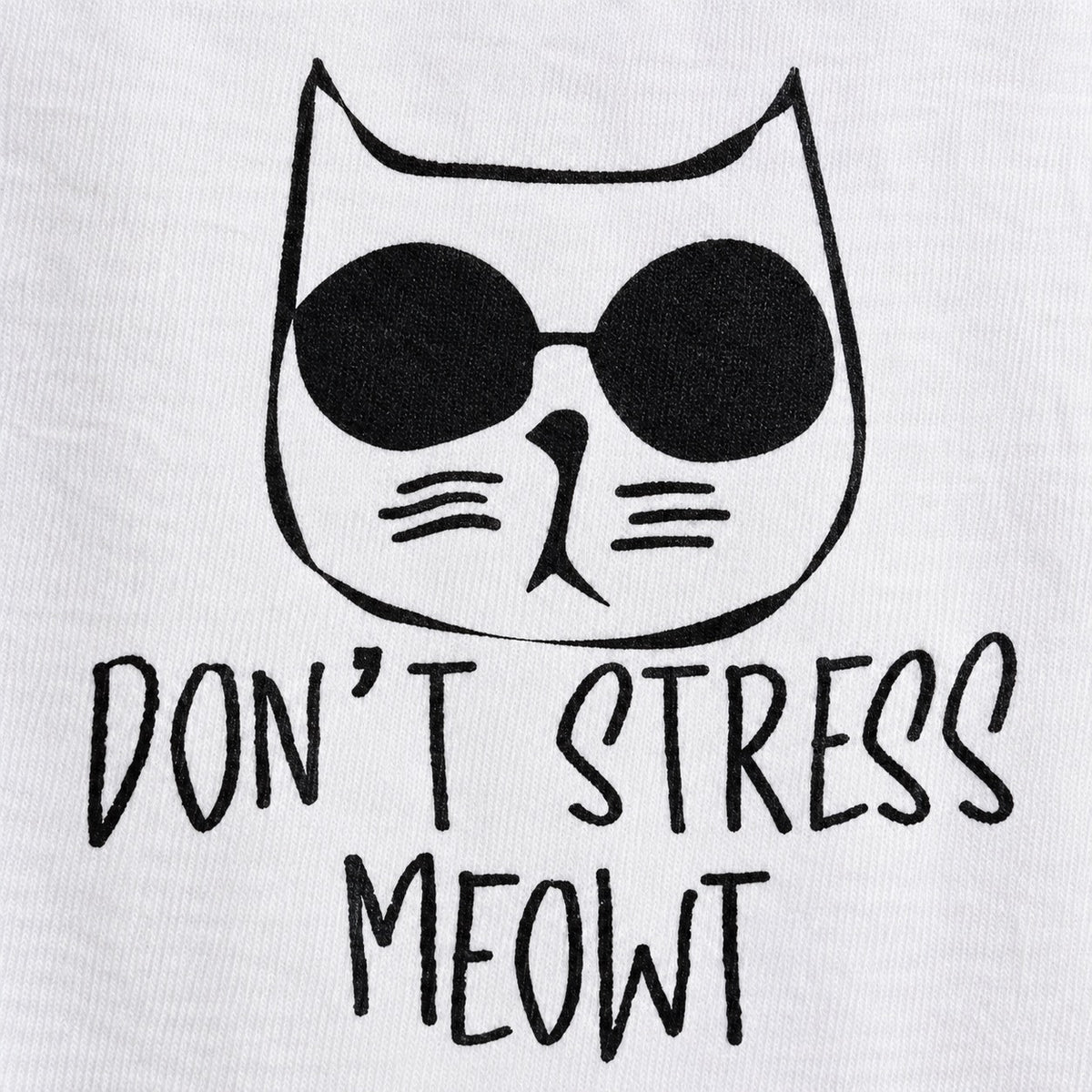 Don't Stress Meowt black cat sunglasses graphic, cotton print close-up