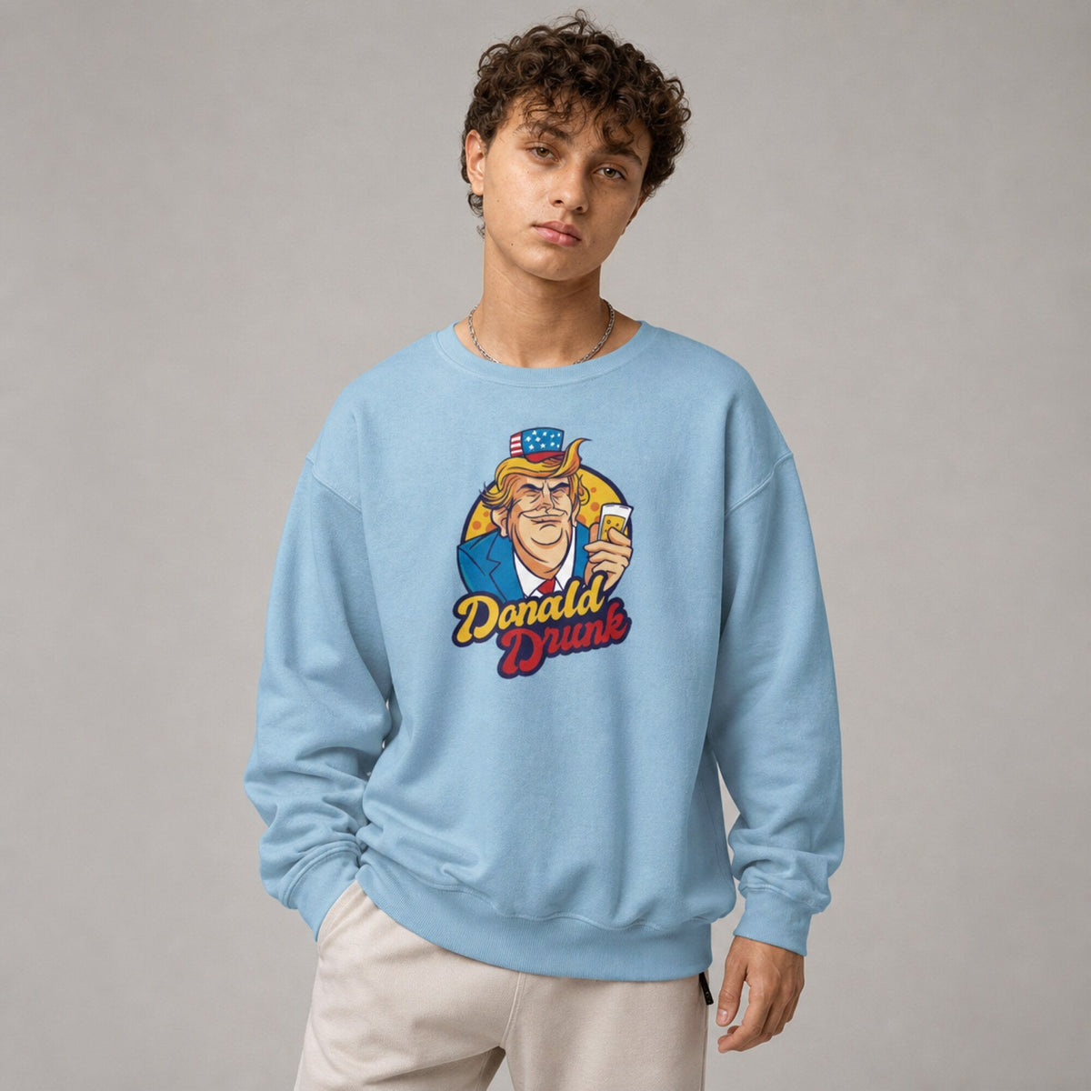 Donald Drunk Unisex Premium Sweatshirt — worn on model, front