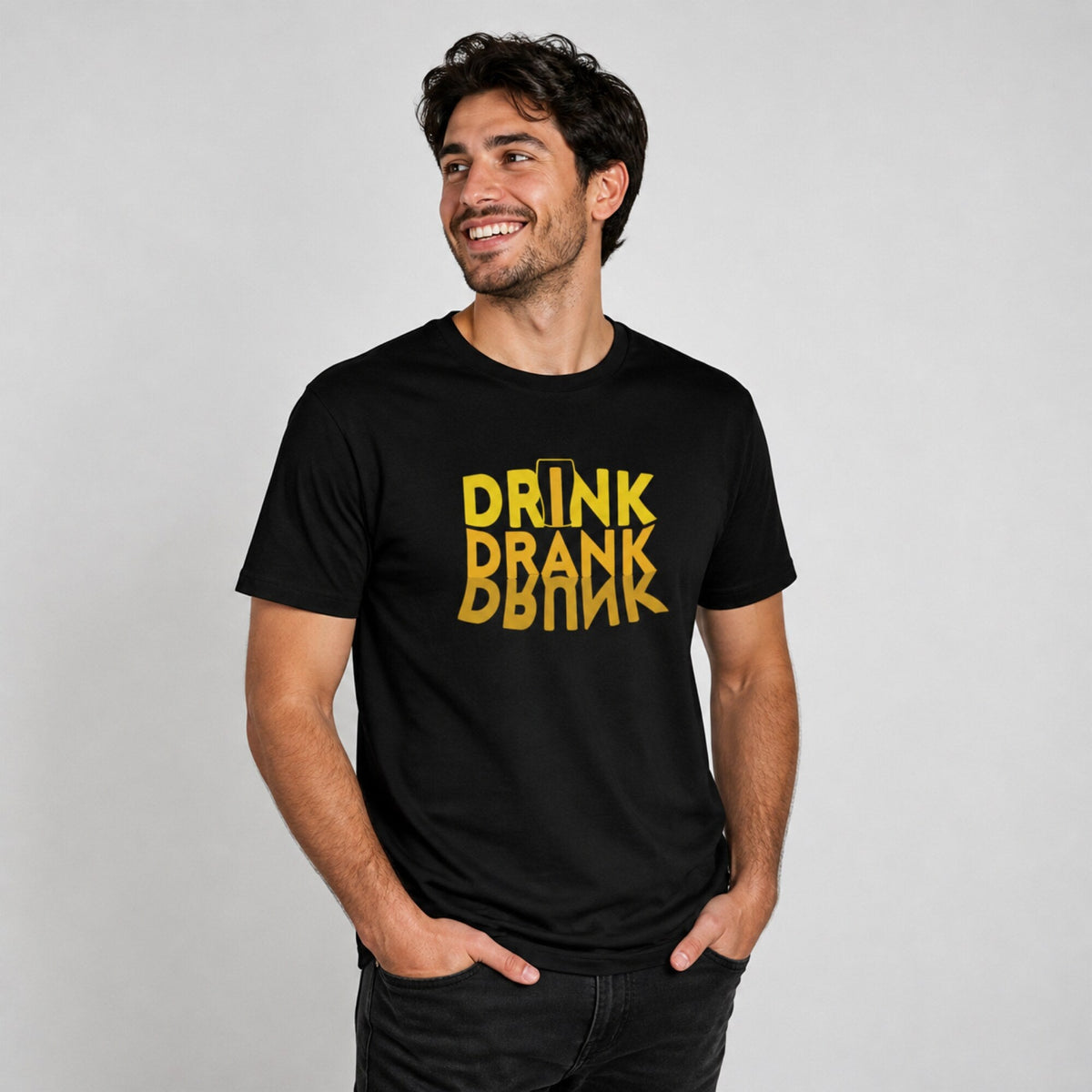 Drink Drank Drunk T-Shirt — worn on model, front