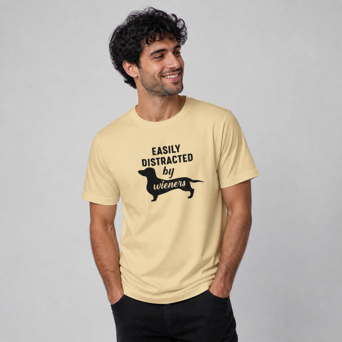 Easily Distracted by Wieners Unisex T-Shirt — worn on model, front