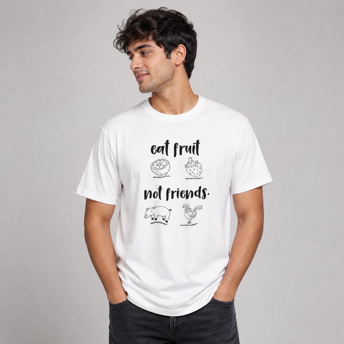Eat Fruit Not Friends Vegan T-Shirt — worn on model, front